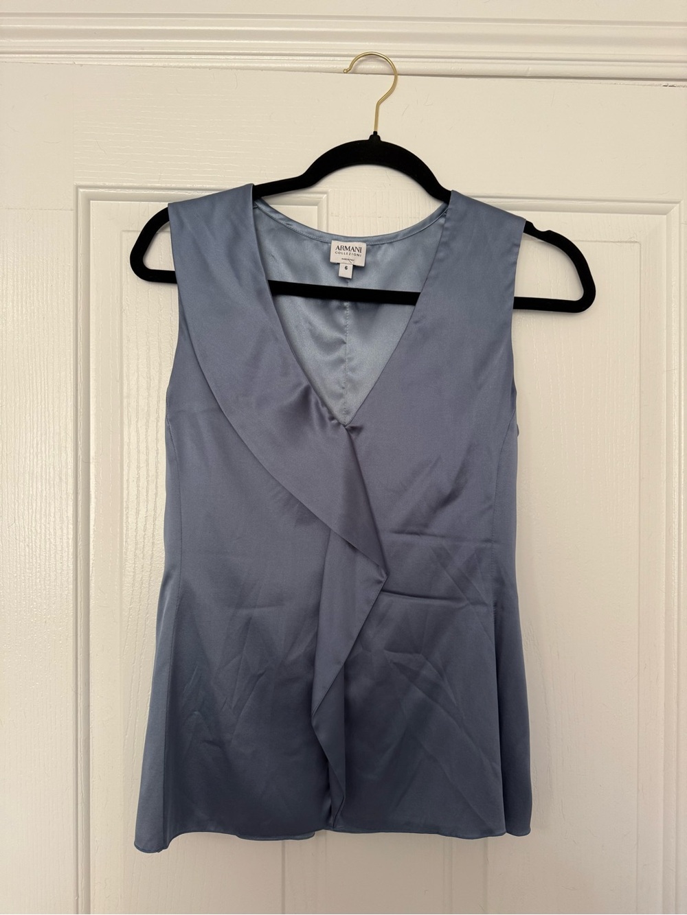 Armani Collezioni Dusty Blue Satin Sleeveless V-Neck Blouse